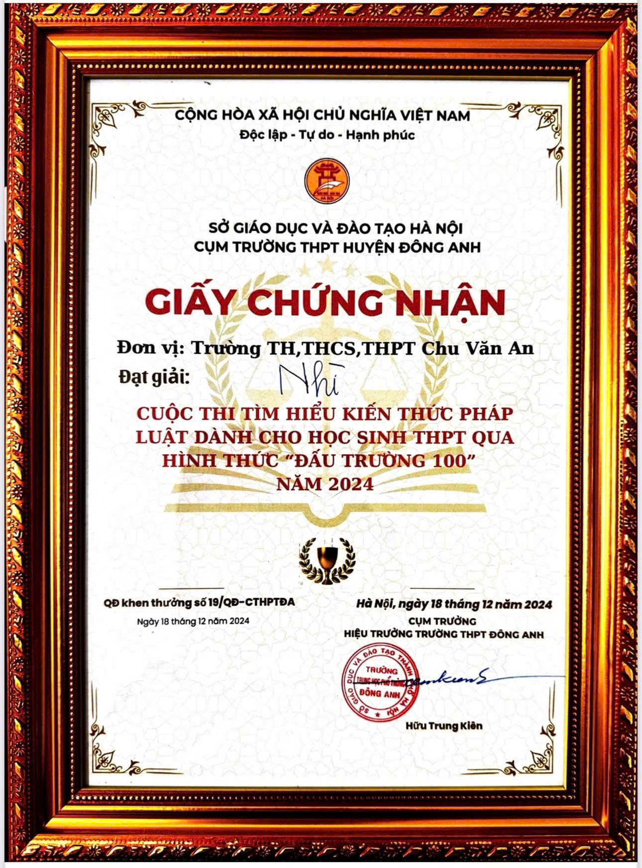 CUỘC THI TÌM HIỂU KIẾN THỨC PHÁP LUẬT DÀNH CHO HS THPT – “ĐẤU TRƯỜNG 100” NĂM 2024